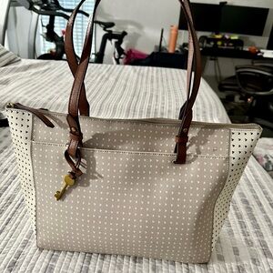 Fossil Keystone Elegant Cream Tote Bag with Brown Accents